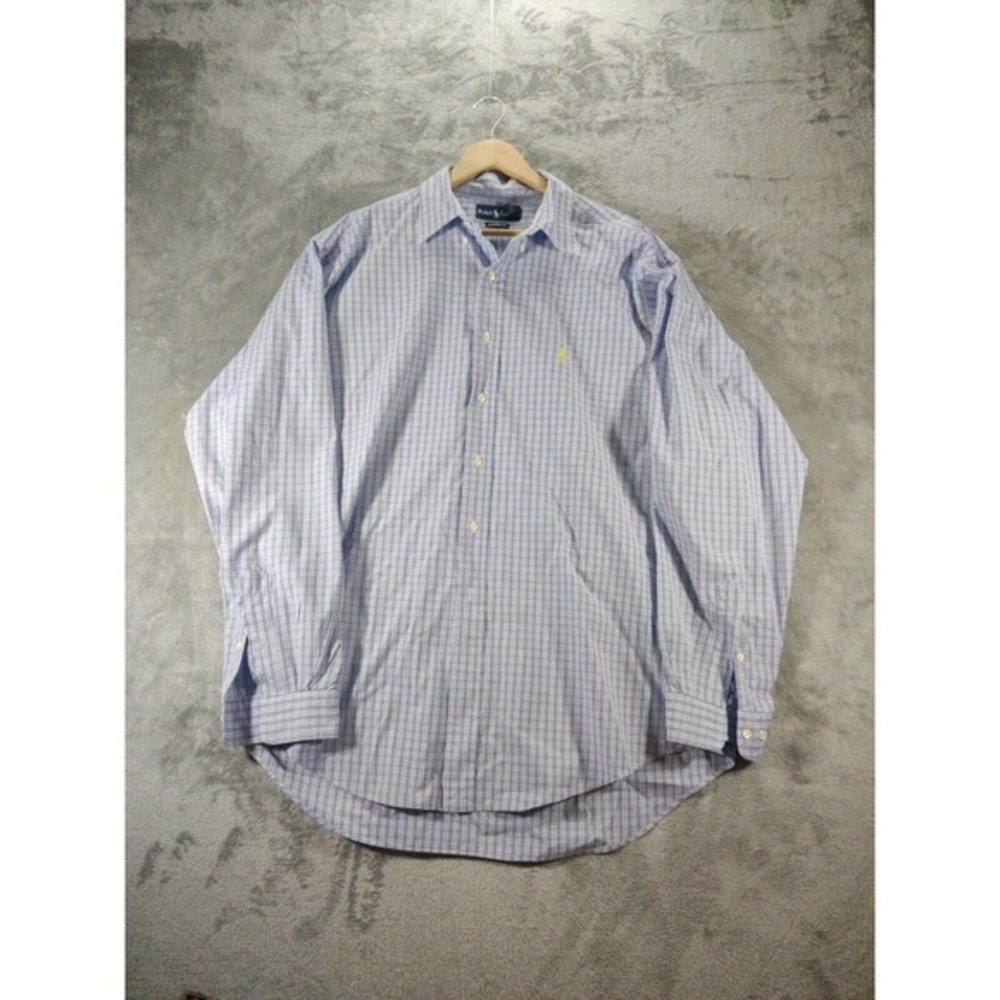 Ralph‎ Lauren Shirt Men's L 17.5 Blue Plaid Classic Fit 100% Cotton Yellow Pony
